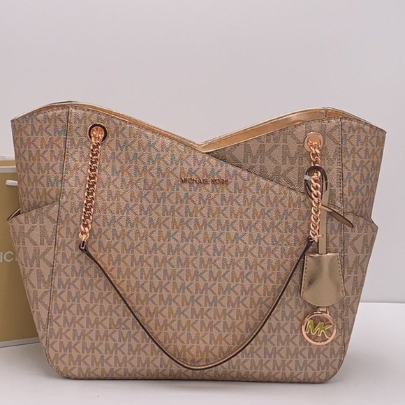 MICHAEL KORS LARGE X CHAIN SHOULDER TOTE BAG ROSE GOLD COLOR SIGNATURE - Picture 12 of 16